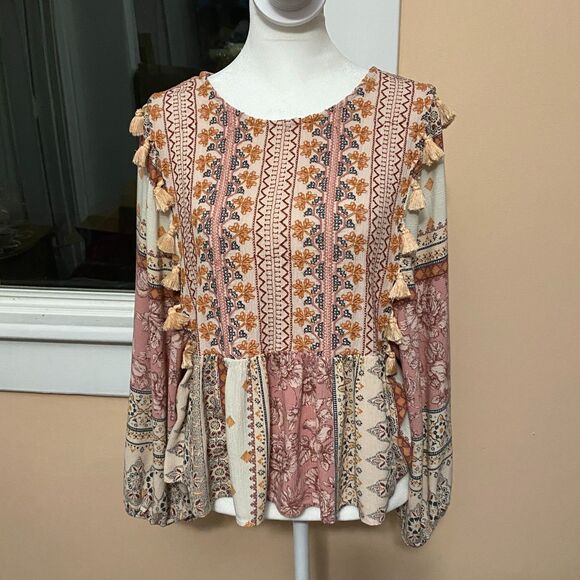 AE Boho Patterned Tassel Balloon Sleeve Peasant Peplum Top Sz M Festival Artsy - Picture 1 of 12